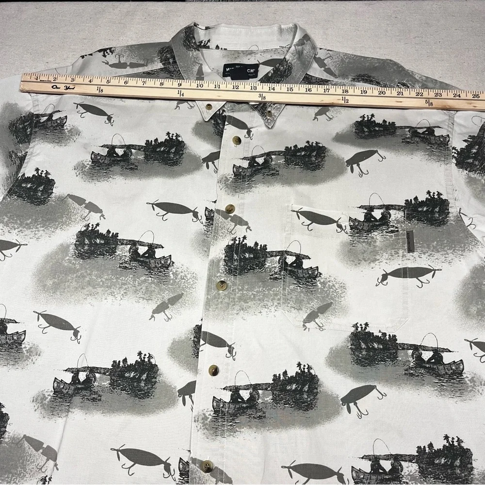 Woolrich Shirt Men's 2XL Taupe Fishing Lures Print Button Up